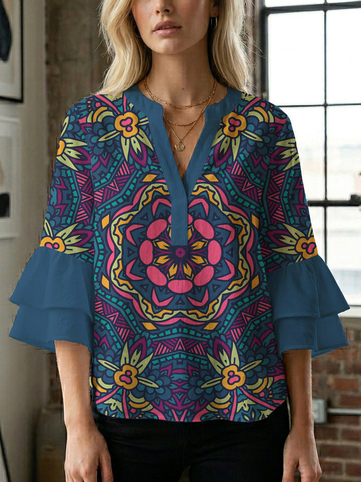 Ladies elegant blouse shirt with voluminous puff sleeves and graphic floral design Lisslune
