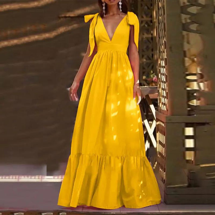 Women's maxi dress with festive ruffle details and deep V-neck Lisslune