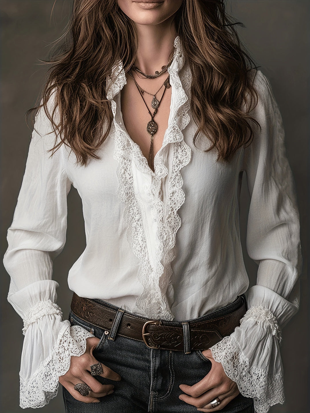 Damen elegante Bluse mit Rüschendetails und Spitzenbesatz Lisslune