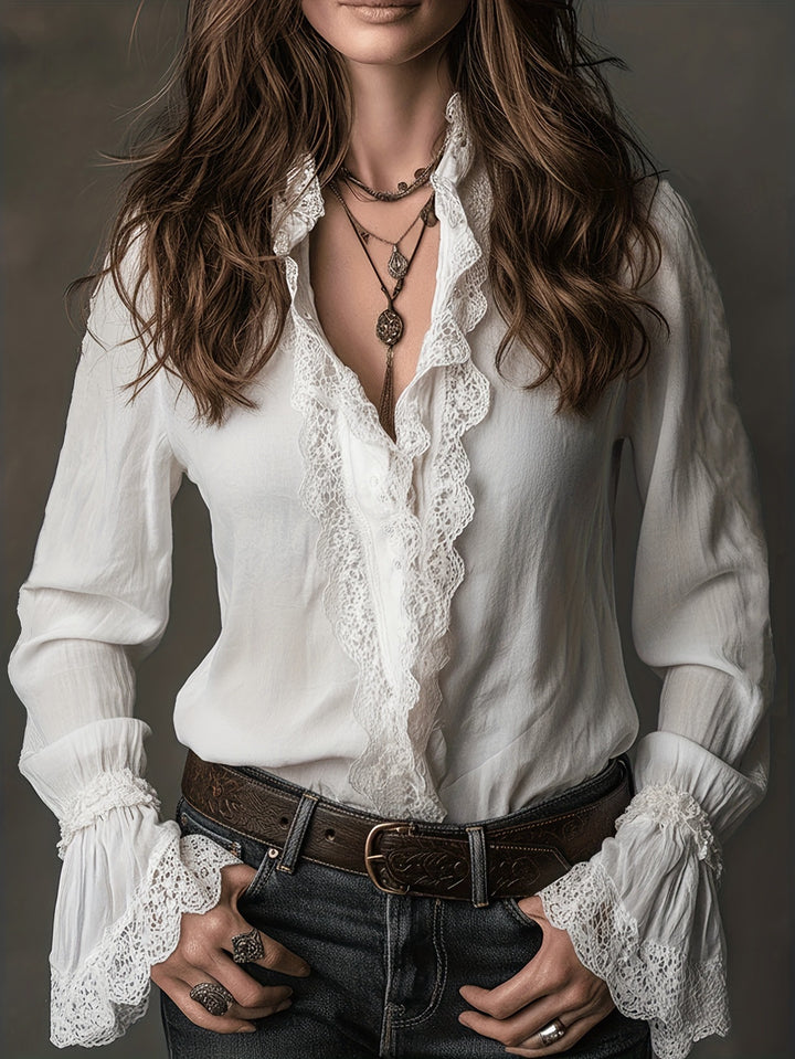 Damen elegante Bluse mit Rüschendetails und Spitzenbesatz Lisslune