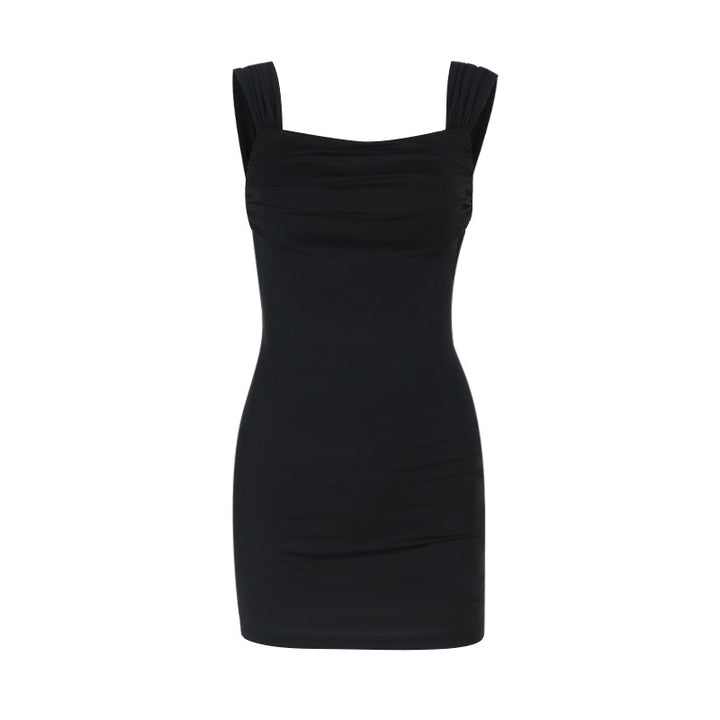 Ladies form-fitting mini dress with sophisticated strap details and subtle ruching