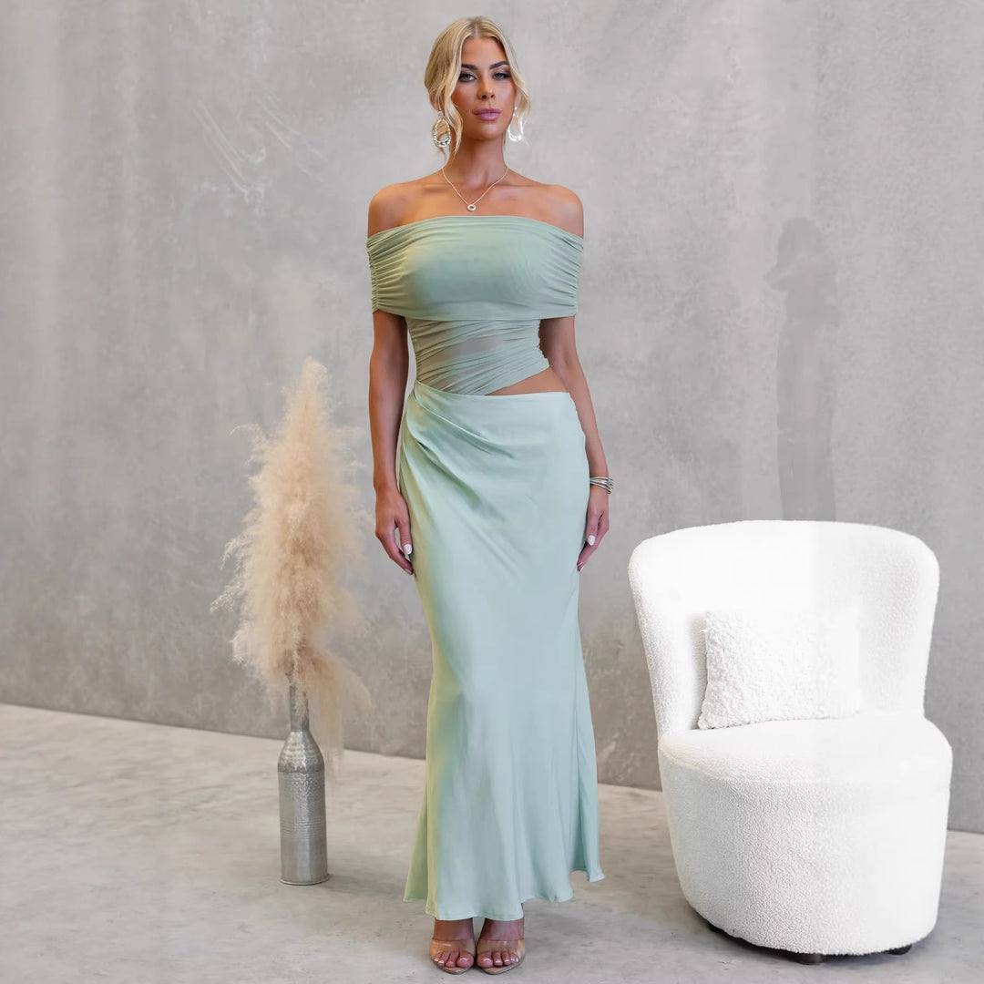 Women's Off-Shoulder Maxi Dress with Elegant Wrap Design and Figure-Flattering Cut