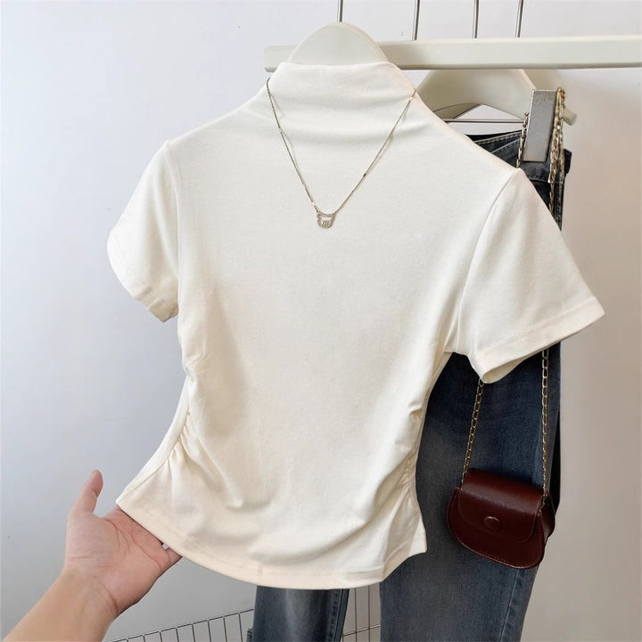Women fitted T-shirt with stand-up collar and sophisticated ruffle detail