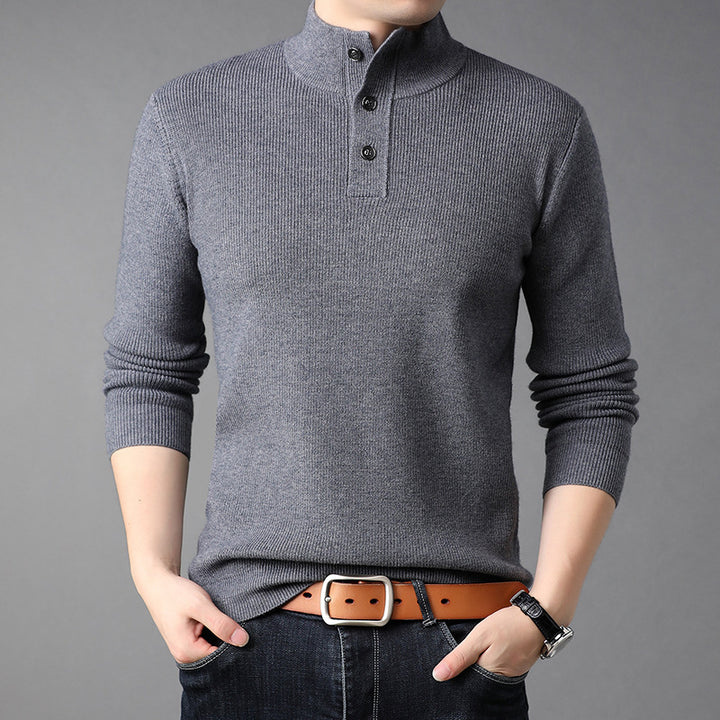 Men's Fine Knit Sweater with High Collar and Button Placket Lisslune