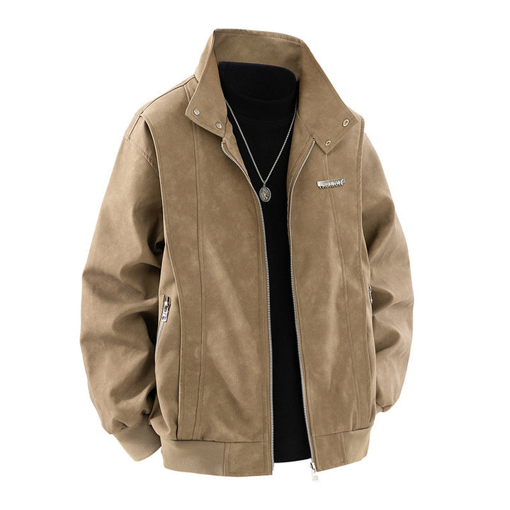 Men's stylish synthetic leather jacket with unique stand-up collar and practical zip pockets Lisslune