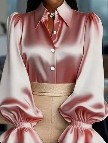 Damen elegante Seidenbluse mit Puffärmeln und schicker Knopfleiste Lisslune