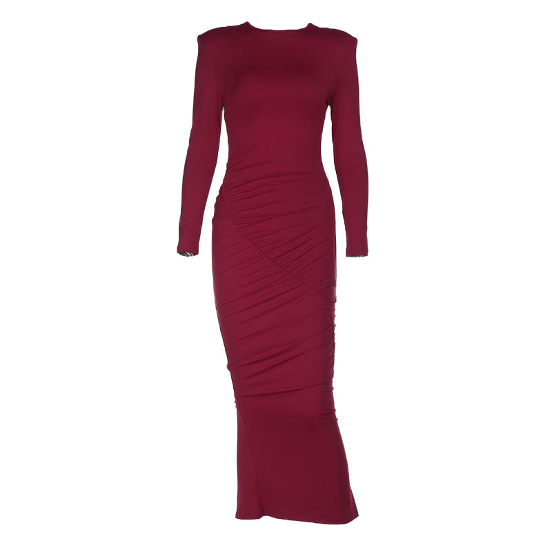 Women's Long Sleeve Gathered Dress with Elegant Cut and Figure-Shaping Details