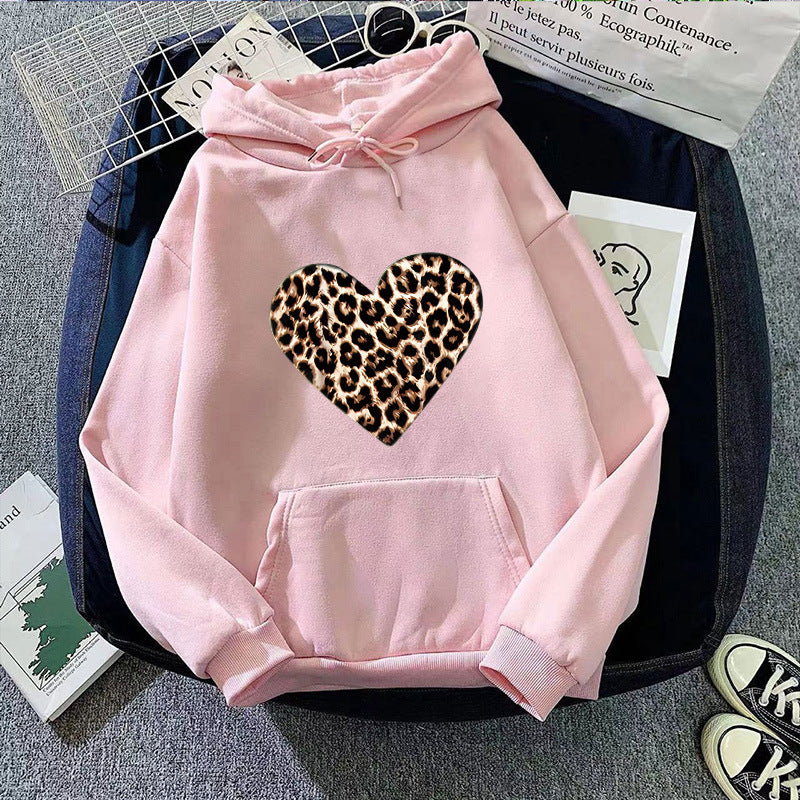 Ladies hooded sweatshirt with heart-shaped leopard pattern Lisslune