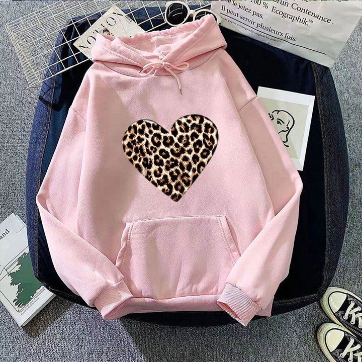 Ladies hooded sweatshirt with heart-shaped leopard pattern Lisslune