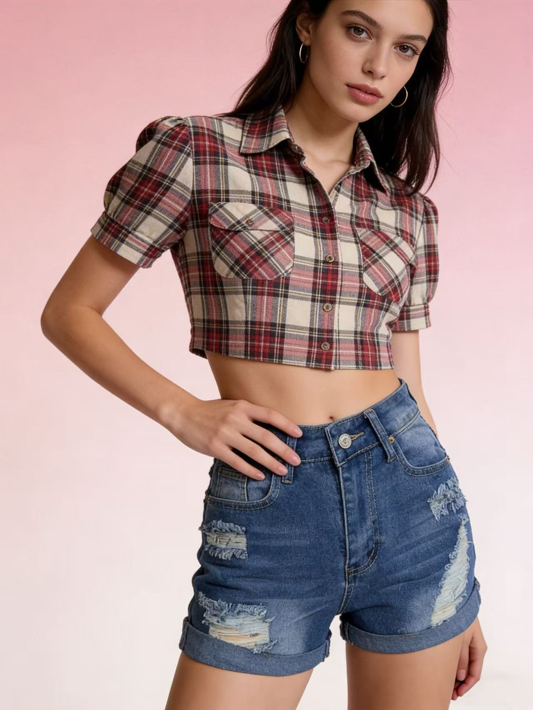 Women's Crop Top in classic check pattern with puff sleeves Lisslune