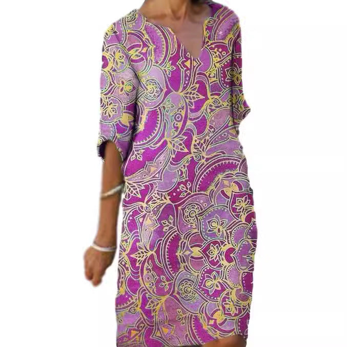 Women's casual light dress with elegant V-neck and colorful pattern