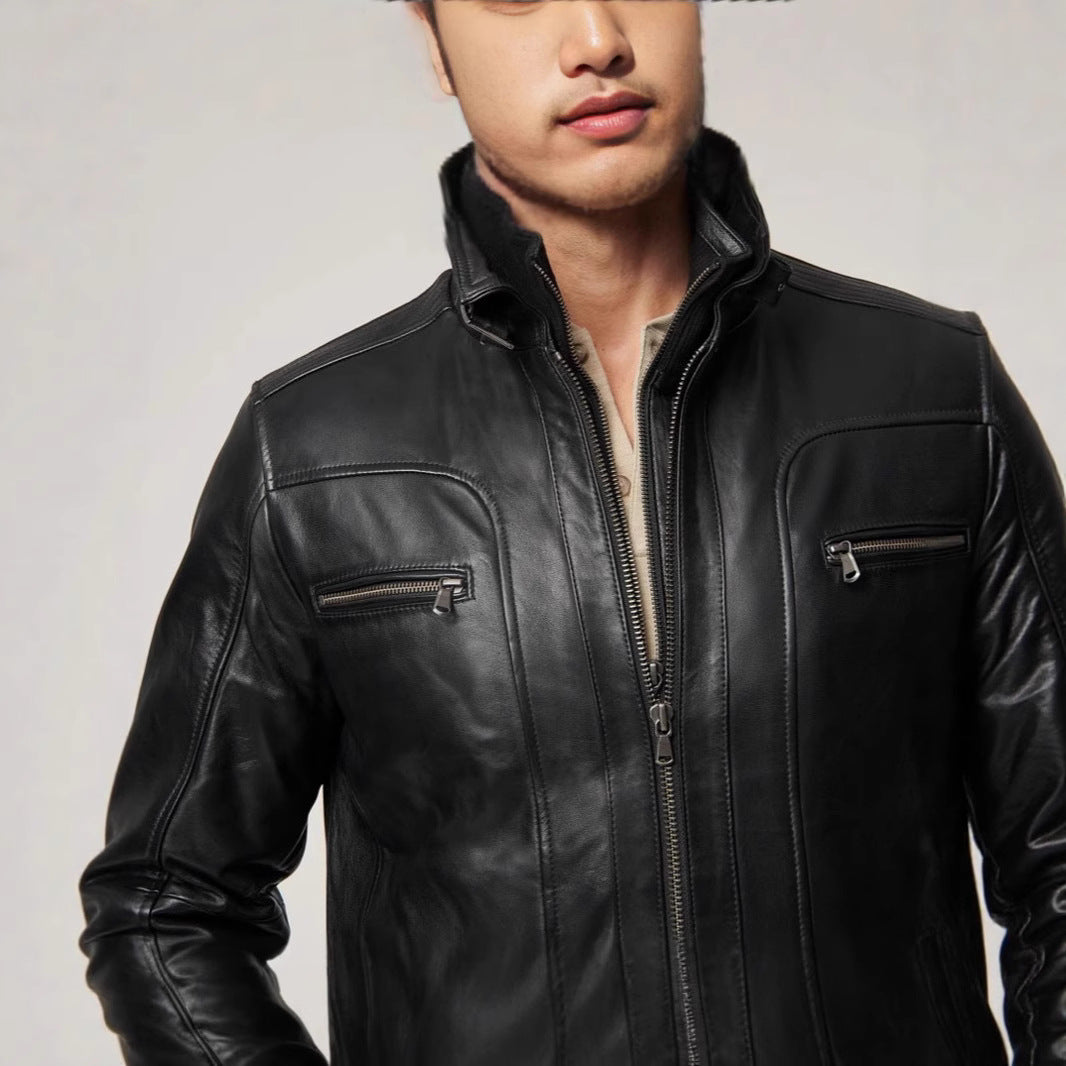 Men's casual leather jacket with modern stand-up collar and versatile pockets Lisslune
