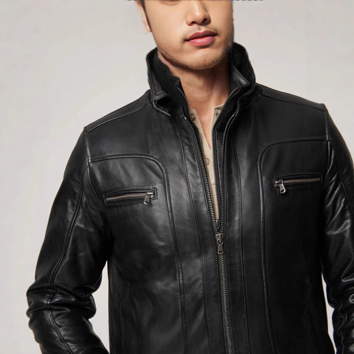 Men's casual leather jacket with modern stand-up collar and versatile pockets Lisslune
