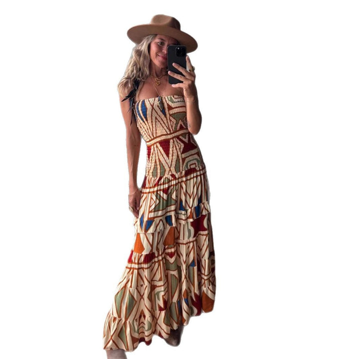 Women's maxi dress with sophisticated ruffle design and elastic waist insert Lune London
