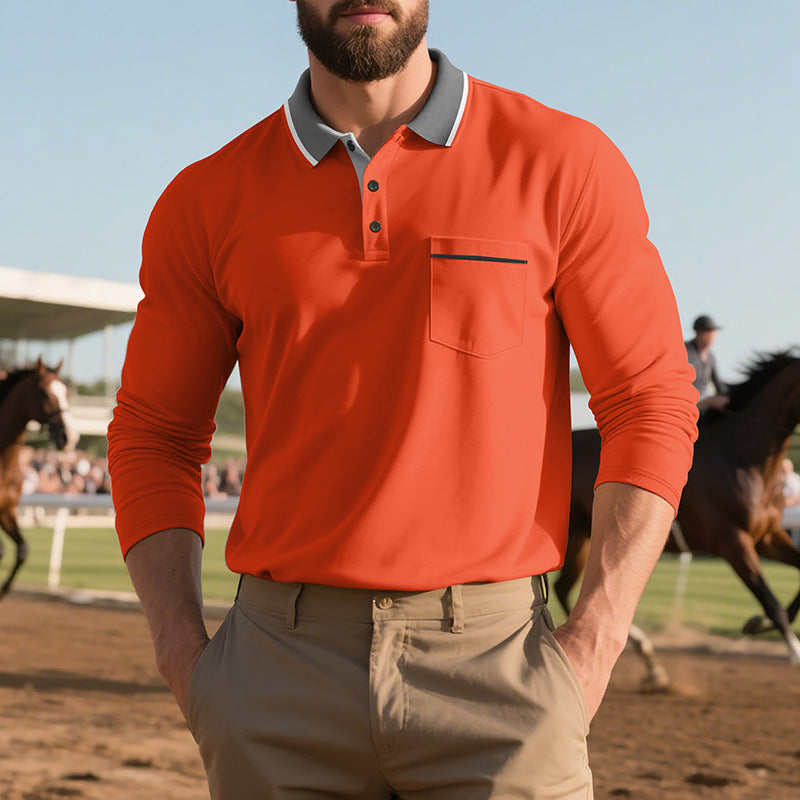 Men's stylish long sleeve polo shirt with textured surface and practical chest pocket Lisslune