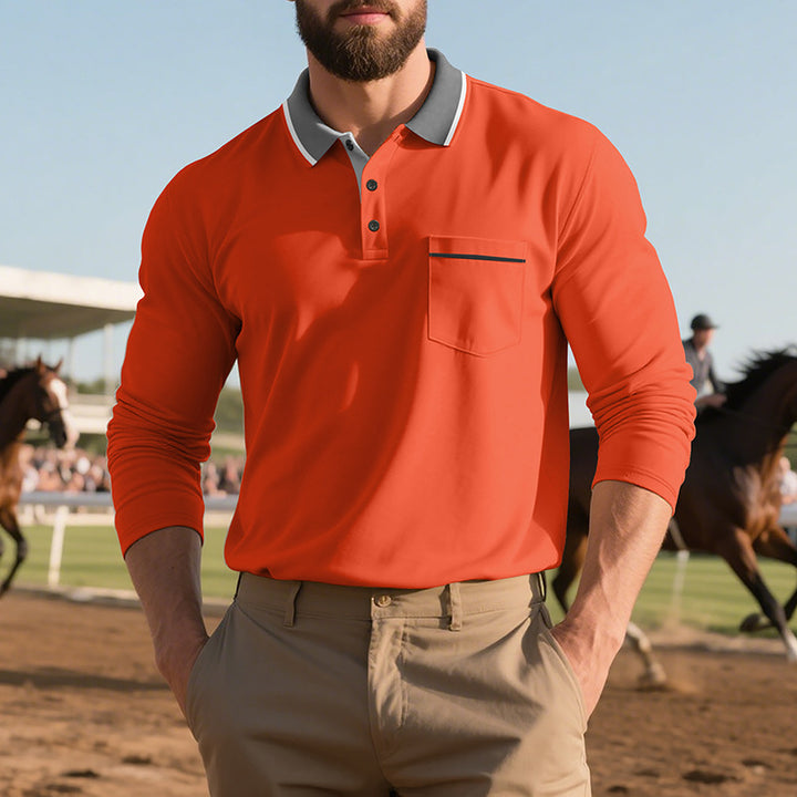 Men's stylish long sleeve polo shirt with textured surface and practical chest pocket Lisslune
