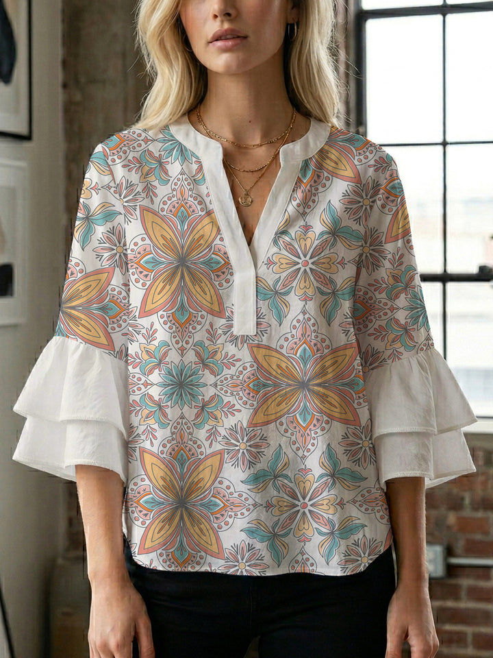 Women's blouse with voluminous ruffle sleeves and creative floral design Lisslune