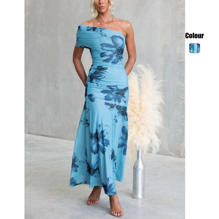 Women's Off-Shoulder Maxi Dress with Floral Accents and Ruffled Design