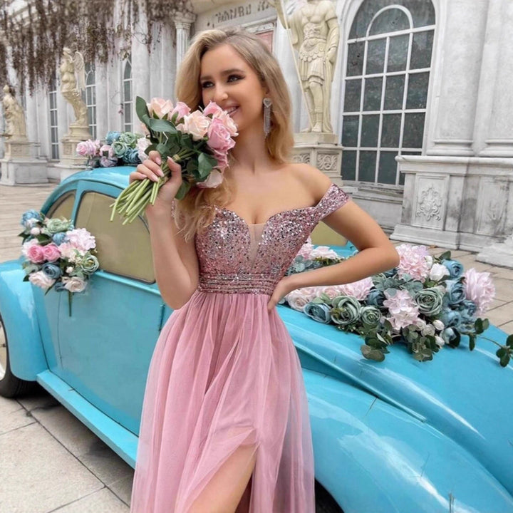 Women's Elegant Evening Dress with Off-Shoulder Look and Sparkling Embellishments