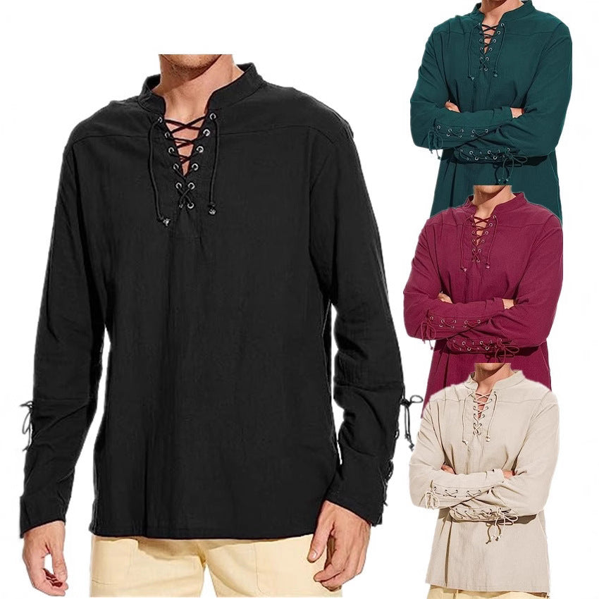 Men's linen shirt with original lacing design and casual stand-up collar Lisslune