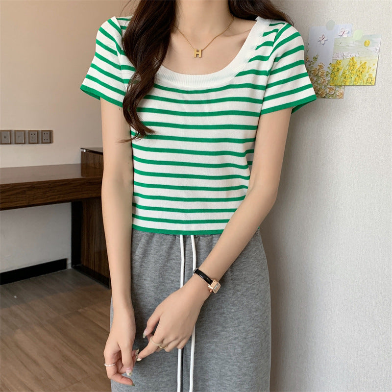 Women's cropped striped top with modern knot design and elastic hem Lisslune