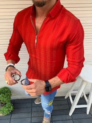 Men's long sleeve shirt with modern zipper and fine stripe pattern Lisslune