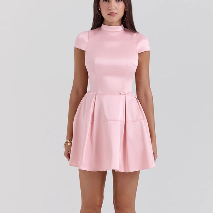 Women's Satin Cocktail Dress with Stand Collar and Voluminous Skirt Lisslune