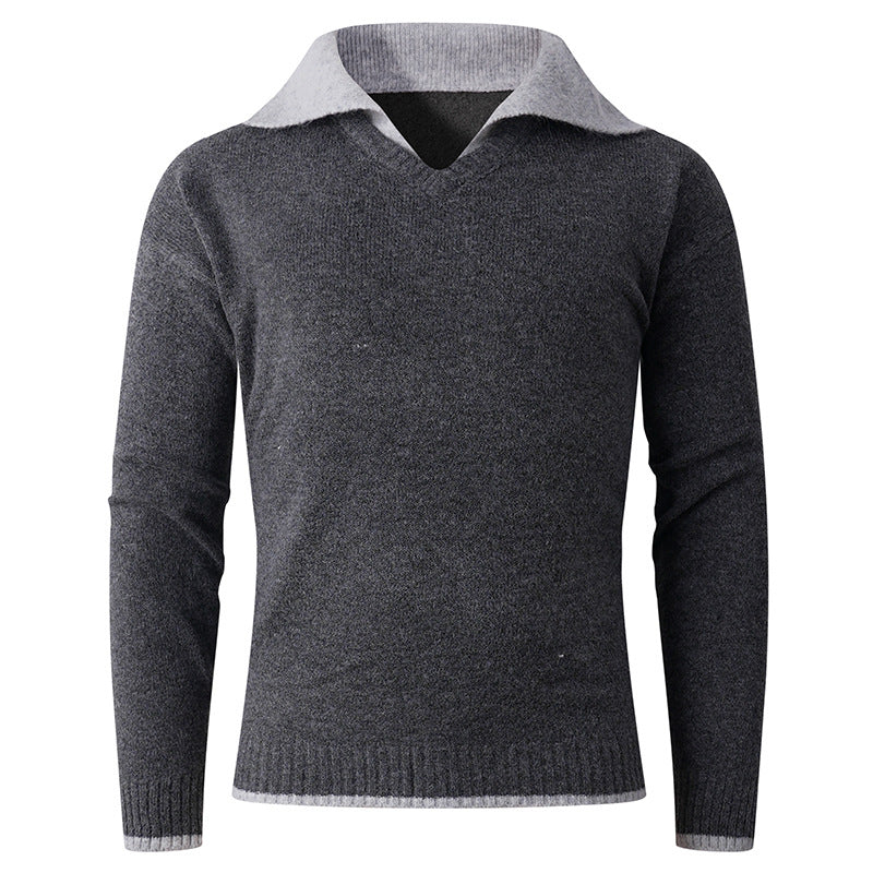 Men's V-neck sweater with shirt collar and fine texture Lisslune