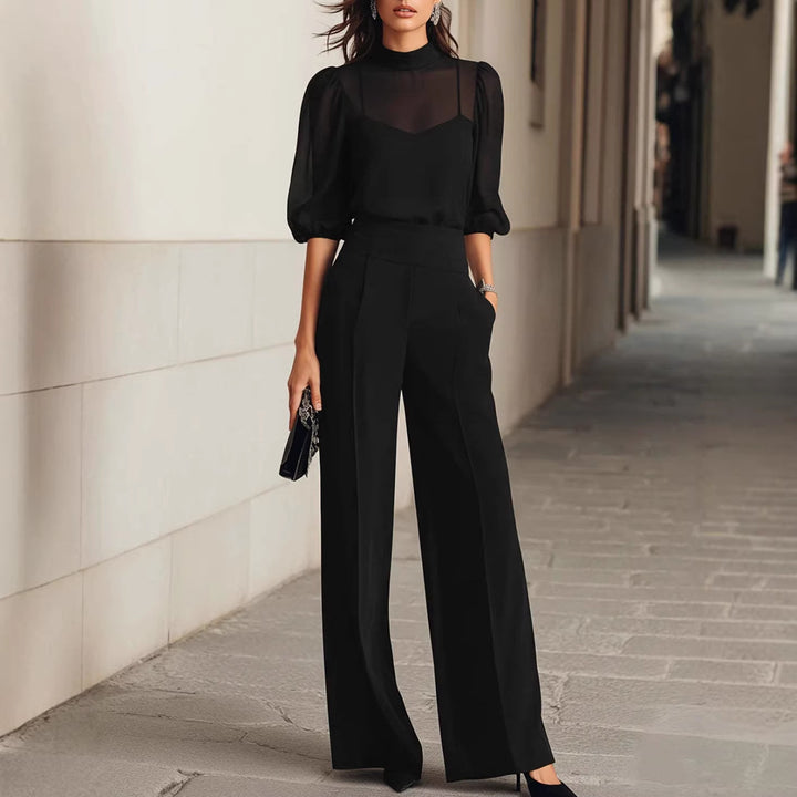 Damen elegantes Blusenset mit weiten Beinen und transparenten Ärmeln Lisslune
