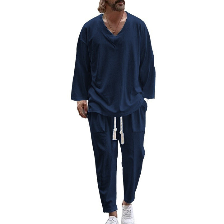 Men's Casual Lounge Set with V-Neck and Elastic Waistband Lisslune
