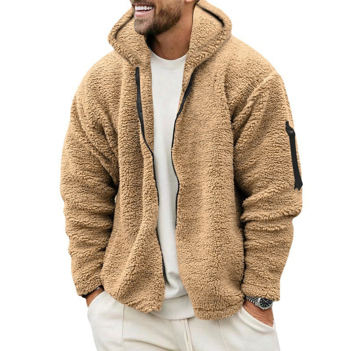 Men's Plush Fleece Jacket with Hood and Practical Pockets Lisslune