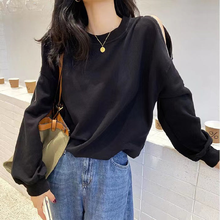 Women's casual oversized pullover with open shoulders and modern design