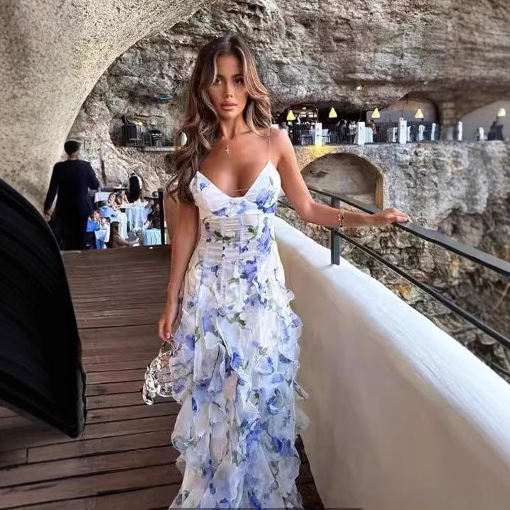 Ladies Flowing Chiffon Maxi Dress with Ruffle Details and Floral Accents Lisslune