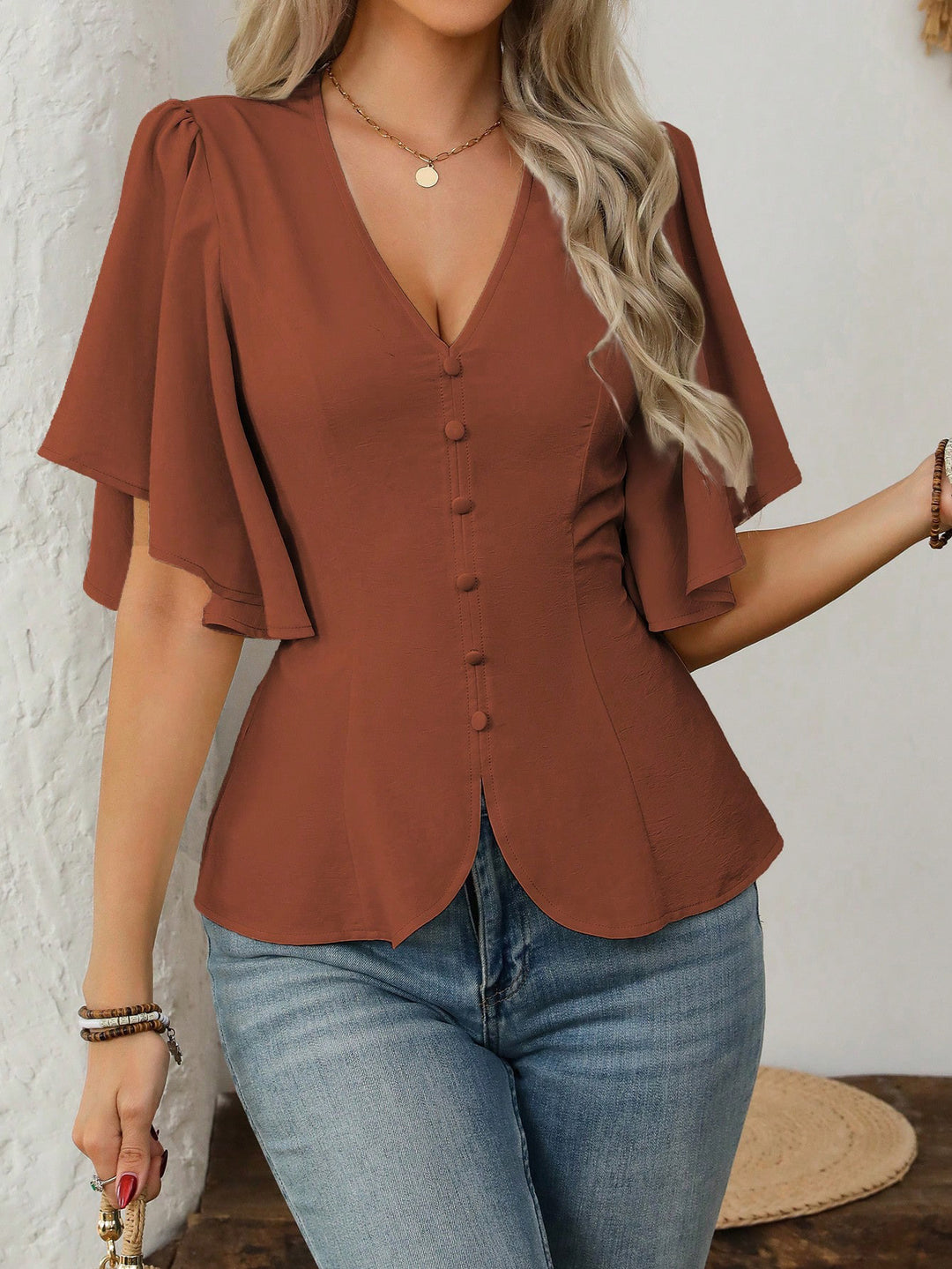 Damen elegante Bluse mit Glockenärmeln und Knopfdetail Lisslune