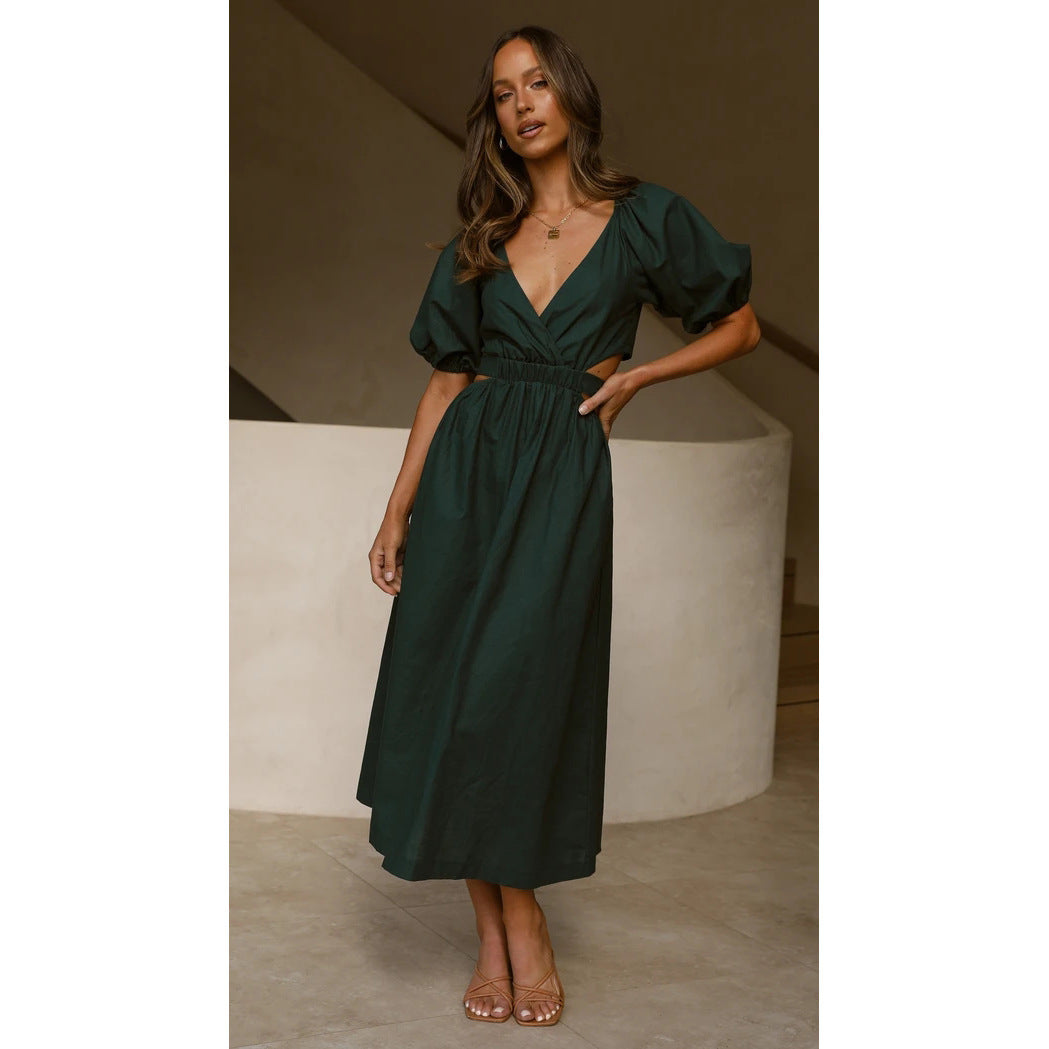 Women's maxi dress with elegant V-neck and puff sleeve details Lune London