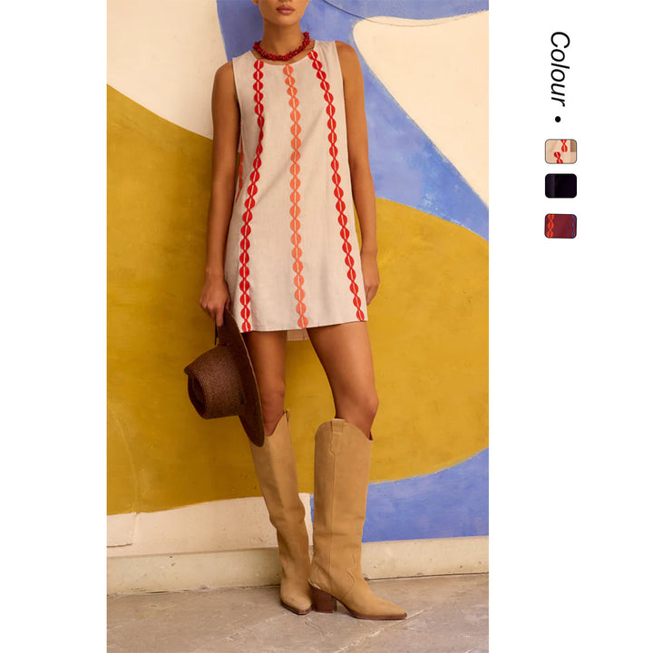 Ladies summer linen dress in elegant A-line cut with embroidered accents