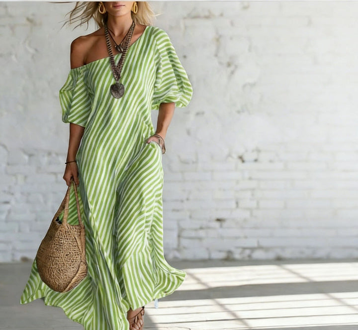 Women's maxi dress with asymmetrical cut and striking stripes Lisslune