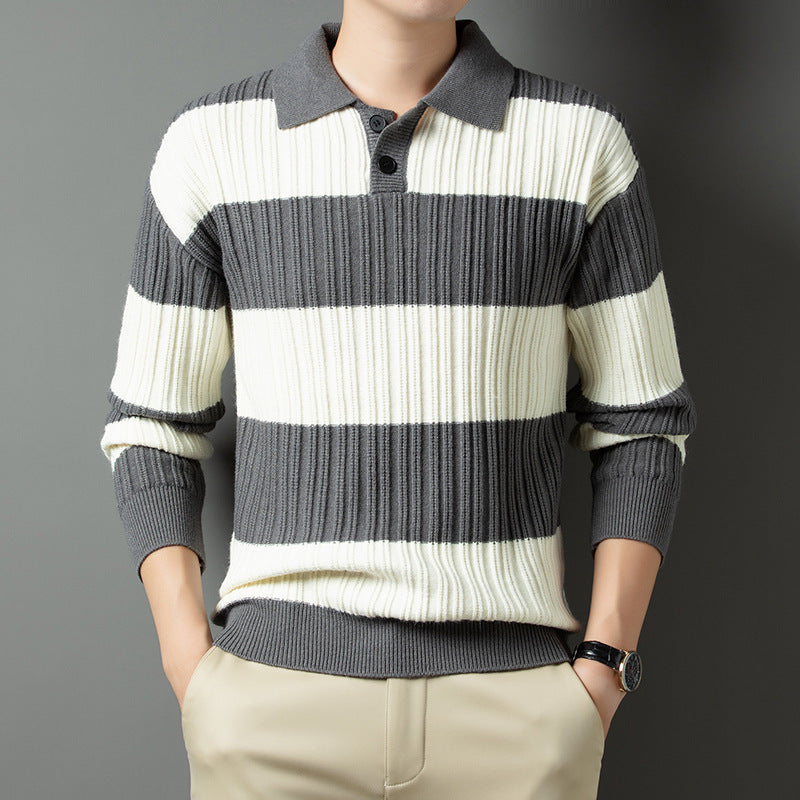 Men's Pullover with Textured Striped Pattern and Fashionable Collar Lisslune