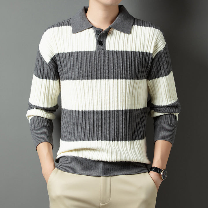 Men's Pullover with Textured Striped Pattern and Fashionable Collar Lisslune