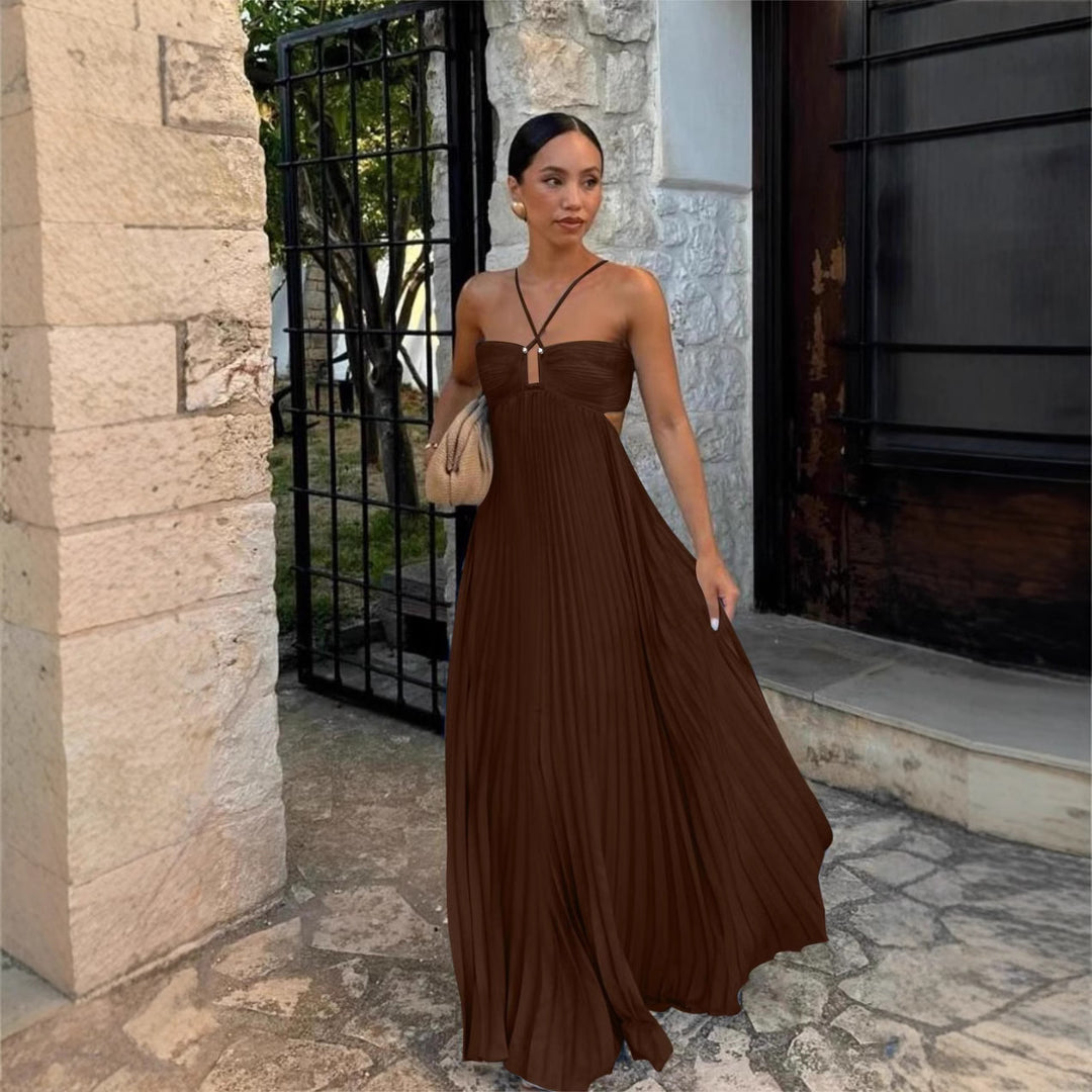 Women's pleated dress with off-the-shoulder design and refined strap details
