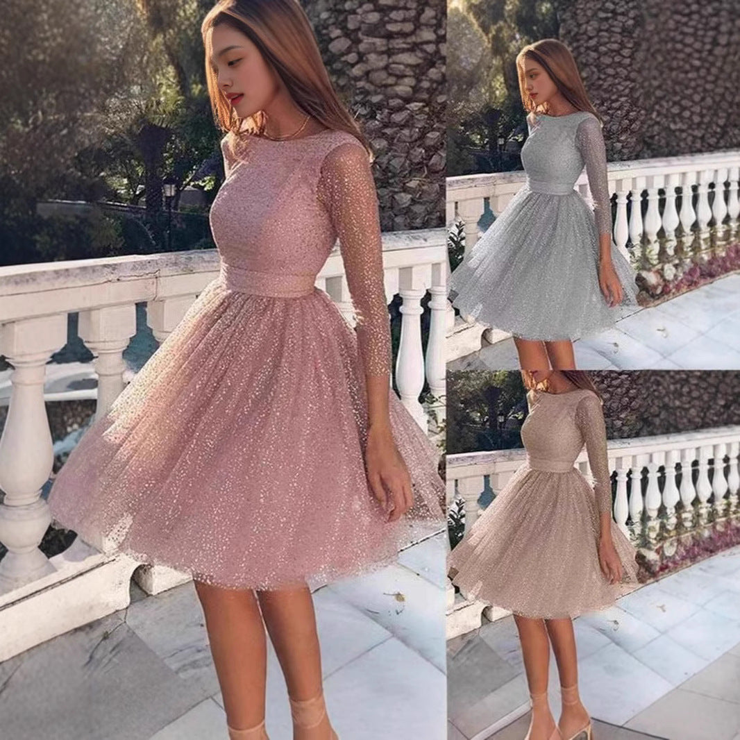 Women Glittering Tulle Dress with Long Sleeves and Swinging Skirt Lisslune