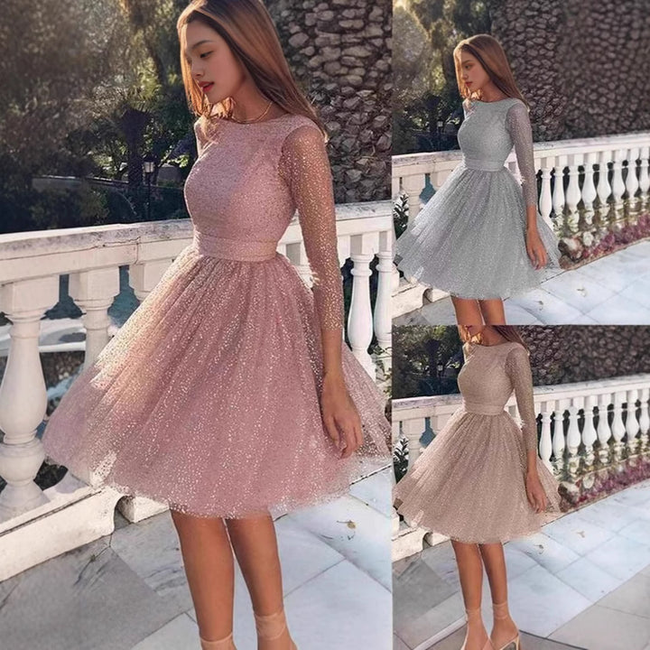 Women Glittering Tulle Dress with Long Sleeves and Swinging Skirt Lisslune