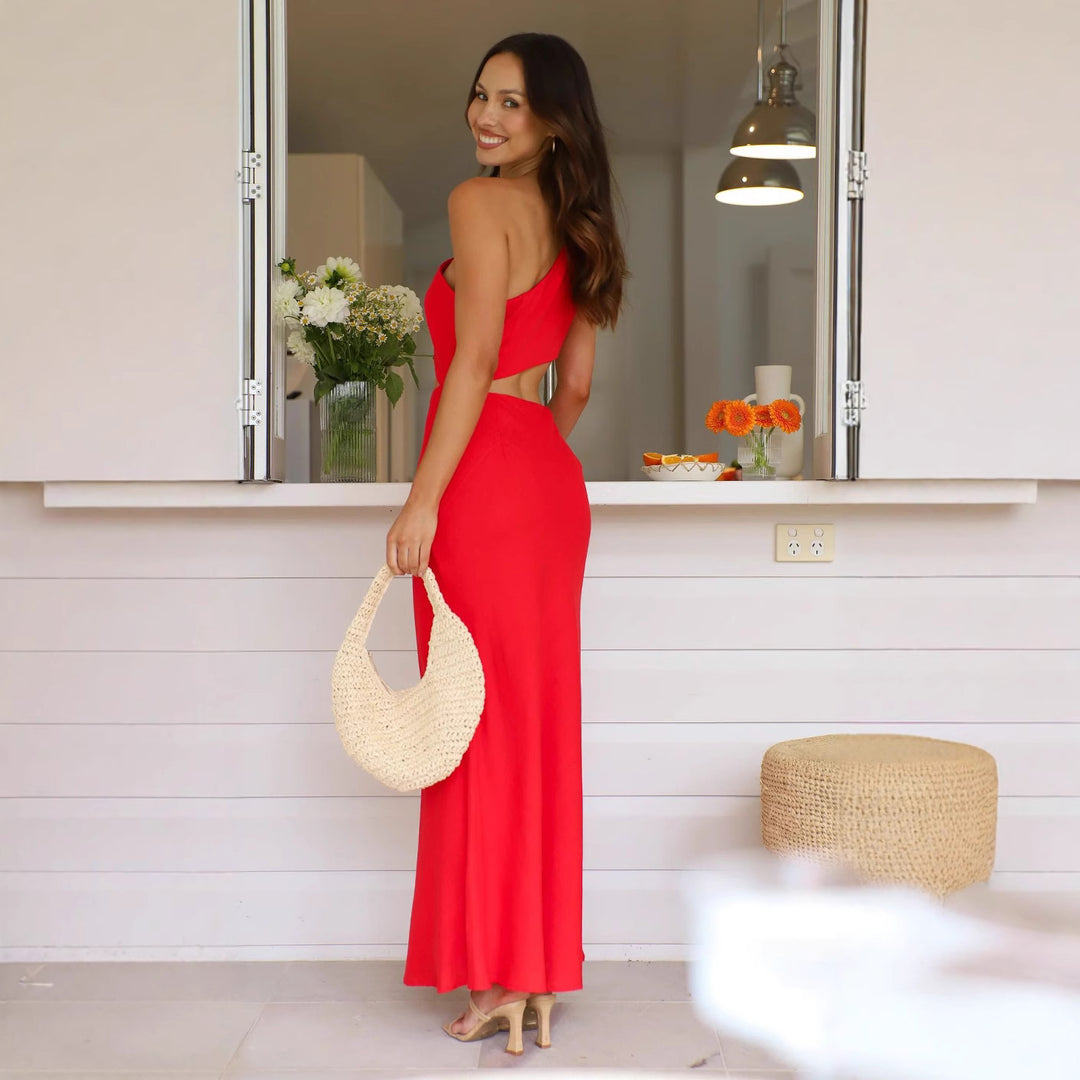 Women's Elegant One-Shoulder Maxi Dress with Figure-Hugging Cut