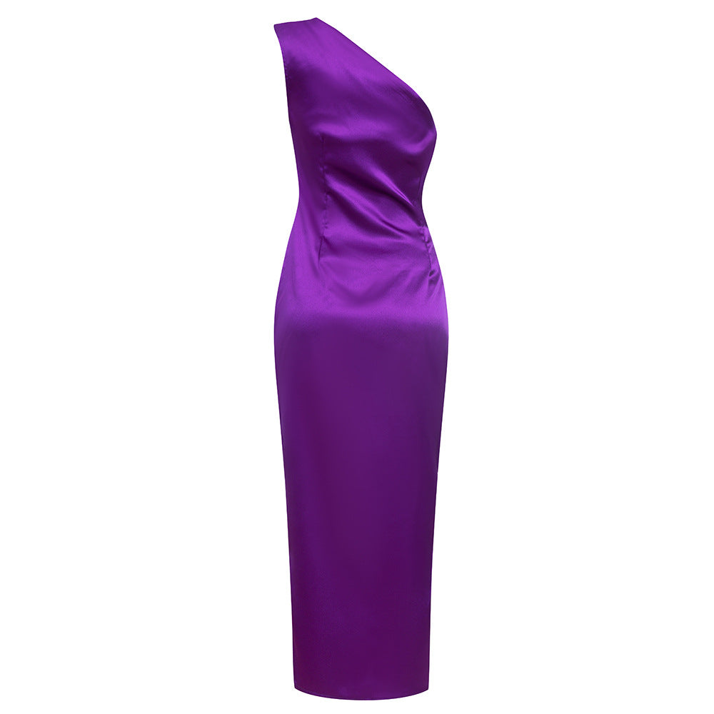 Women's glamorous evening dress with asymmetric cut and shimmering effect