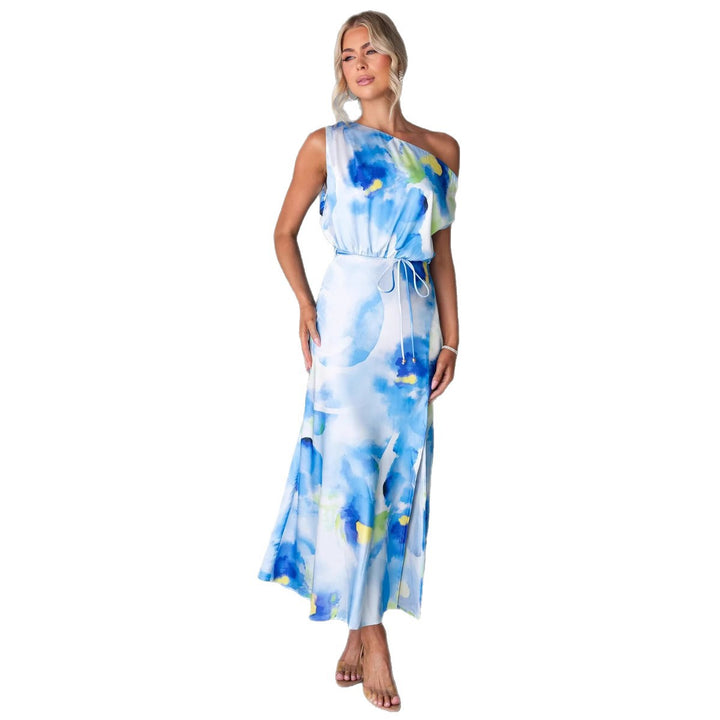 Women's maxi dress with asymmetrical design and flowing fabric