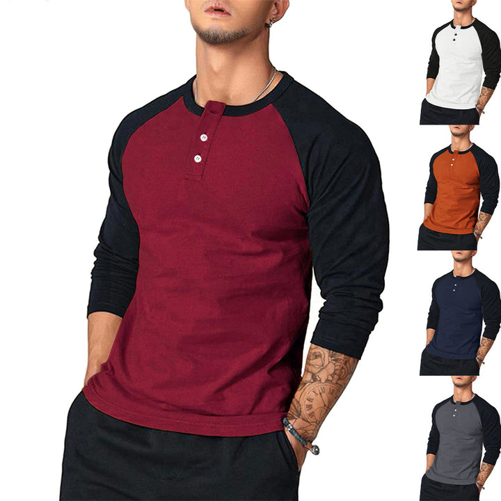 Men's Long Sleeve Henley Shirt with Contrast Sleeves Lisslune