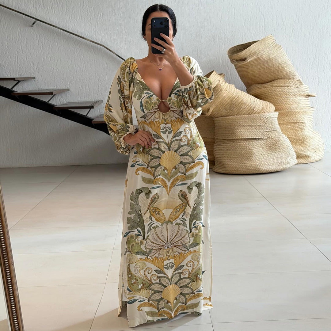 Ladies maxi dress with intricate floral design and deep V-neck