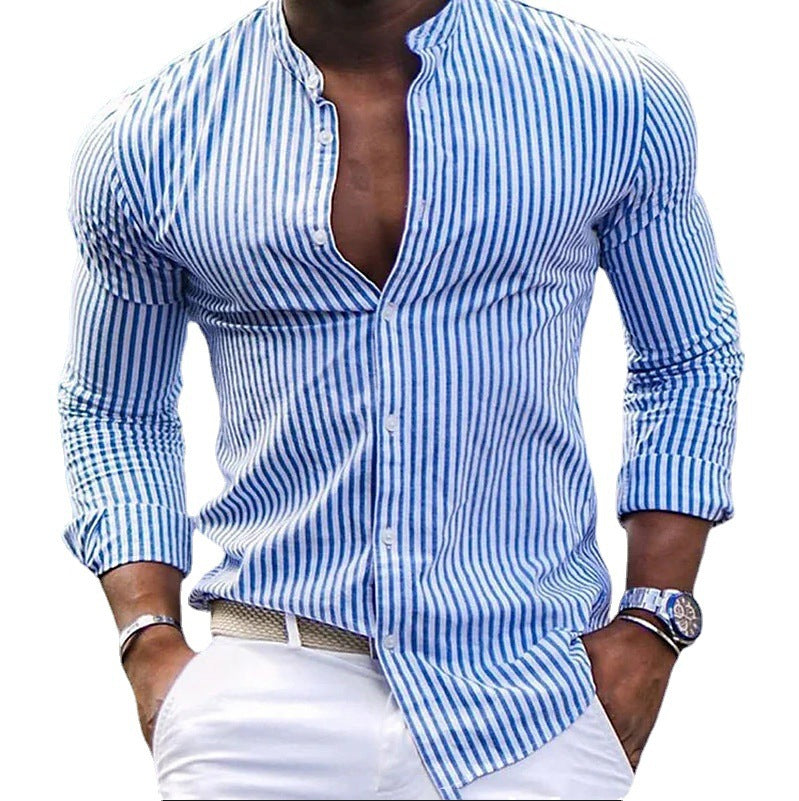 Men's long-sleeve shirt with modern stand-up collar and fine stripe structure Lisslune