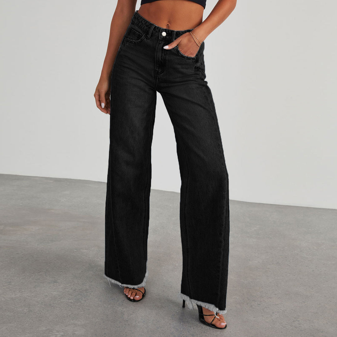 Ladies High-Waisted Mom Jeans in Classic Cut with Frayed Hem Lisslune