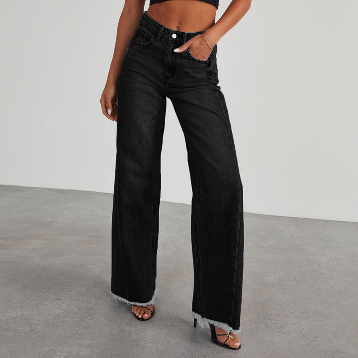 Ladies High-Waisted Mom Jeans in Classic Cut with Frayed Hem Lisslune